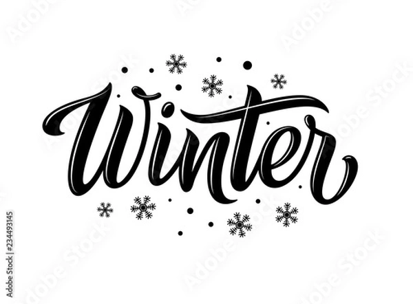 Fototapeta Winter. Snowflakes and snow with winter text, word and lettering. Winter concept, logo template and sign. Horizontal format. Vector illustration for print and web. EPS10.