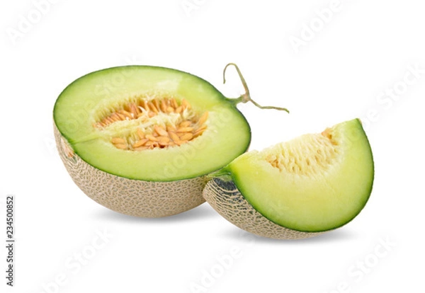 Obraz half and portion cut ripe sweet honeydew green melon on white background