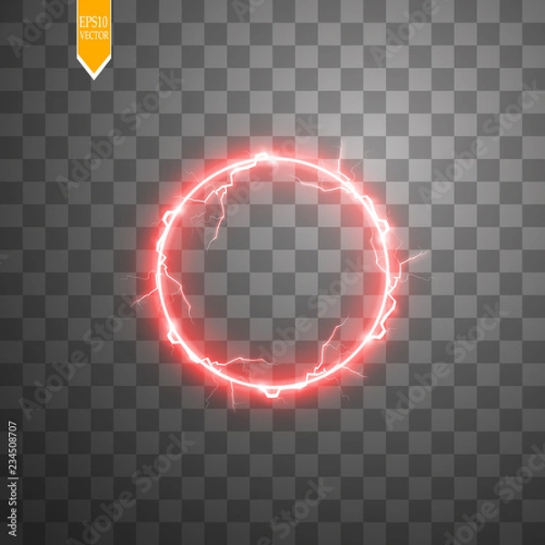 Fototapeta Red round frame. Shining circle banner. Isolated on black transparent background. Vector illustration