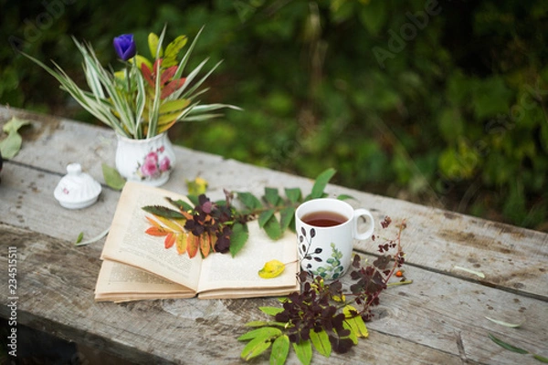 Obraz Cup of tea, book, flowers, autumn
