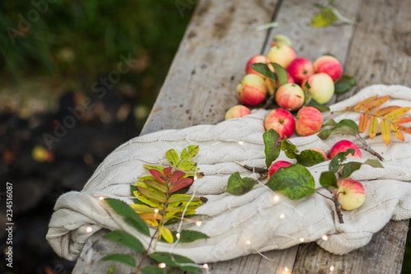 Obraz apples on a wooden background in the autumn street, lights
