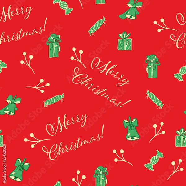 Fototapeta Red Christmas vector seamless pattern background with a script Merry Christmas text, green bells, gift boxes, and yellow branches. Perfect for gift wrapping paper, bags, cards, home decor.