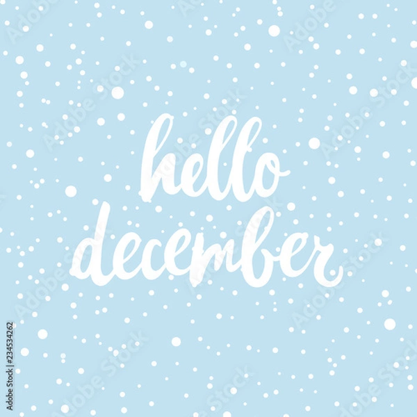 Fototapeta Hello december poster, card. Vector hand drawn illustration with text and snow on blue.