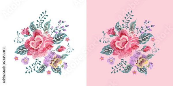 Fototapeta Embroidery floral native pattern with roses, pansies and forget me not flowers. Vector embroidered patch with flowers for wearing design.