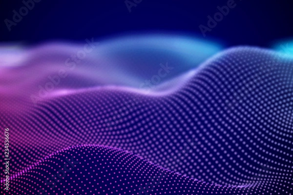 Obraz Abstract digital landscape or soundwaves with flowing particles. Big data technology background. Visualization of sound waves. Virtual reality concept: 3D digital surface. EPS 10 vector illustration.
