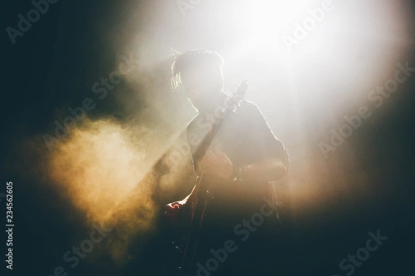 Obraz Guitarist silhouette on a stage in a backlights in the smoke playing rock music