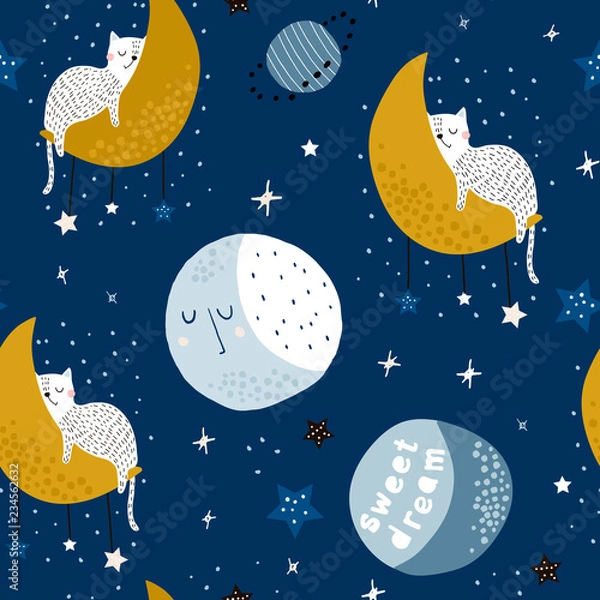 Fototapeta Seamless childish pattern with cats on moons and starry sky. Creative kids texture for fabric, wrapping, textile, wallpaper, apparel. Vector illustration