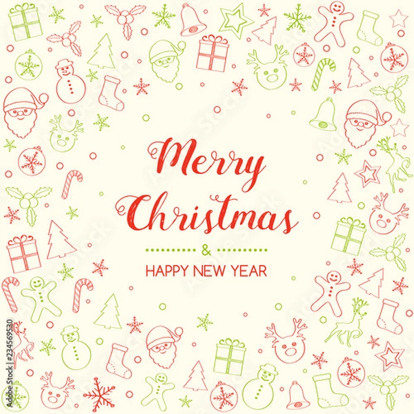 Obraz Merry Christmas and Happy New Year - greeting card with hand drawn ornaments. Vector.