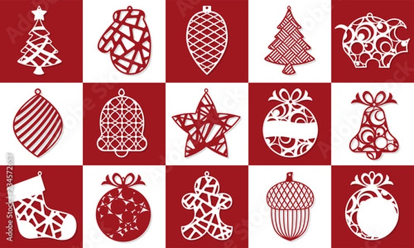 Fototapeta Set of Modern Christmas Tree. New Year's Toy for laser cutting. Vector illustration.