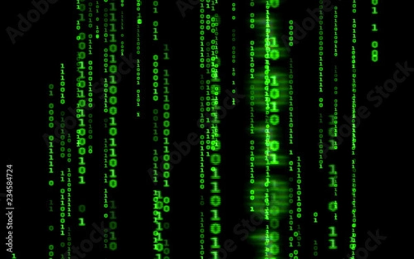 Fototapeta Background in a matrix style.Binary computer code on black background.Green digital code numbers in matrix style.Cyberpunk hacker abstraction backdrop.Random numbers falling on the black background.