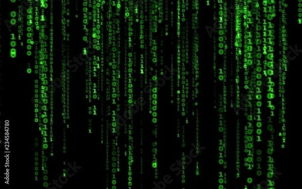 Fototapeta Background in a matrix style.Binary computer code on black background.Green digital code numbers in matrix style.Cyberpunk hacker abstraction backdrop.Random numbers falling on the black background.