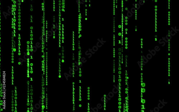 Fototapeta Background in a matrix style.Binary computer code on black background.Green digital code numbers in matrix style.Cyberpunk hacker abstraction backdrop.Random numbers falling on the black background.