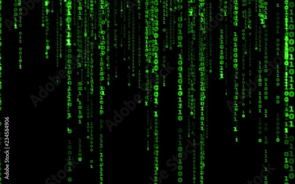Fototapeta Background in a matrix style.Binary computer code on black background.Green digital code numbers in matrix style.Cyberpunk hacker abstraction backdrop.Random numbers falling on the black background.