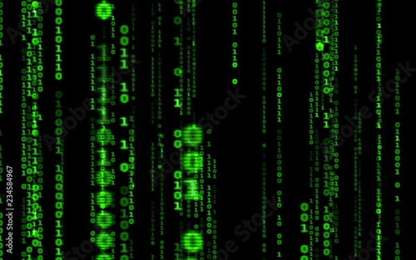 Fototapeta Background in a matrix style.Binary computer code on black background.Green digital code numbers in matrix style.Cyberpunk hacker abstraction backdrop.Random numbers falling on the black background.