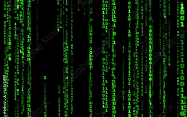 Fototapeta Background in a matrix style.Binary computer code on black background.Green digital code numbers in matrix style.Cyberpunk hacker abstraction backdrop.Random numbers falling on the black background.