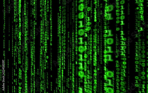 Fototapeta Background in a matrix style.Binary computer code on black background.Green digital code numbers in matrix style.Cyberpunk hacker abstraction backdrop.Random numbers falling on the black background.