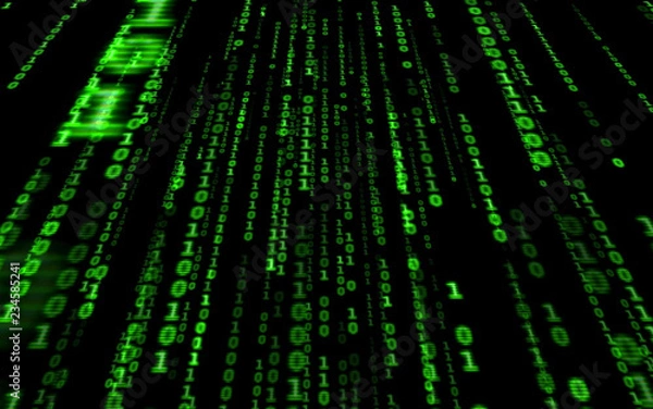 Fototapeta Background in a matrix style.Binary computer code on black background.Green digital code numbers in matrix style.Cyberpunk hacker abstraction backdrop.Random numbers falling on the black background.