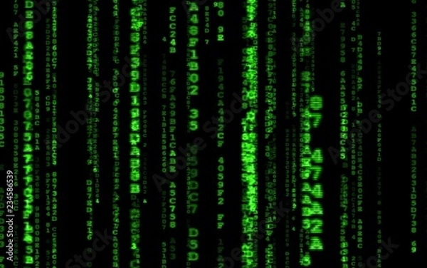 Fototapeta Background in a matrix style.Binary computer code on black background.Green digital code numbers in matrix style.Cyberpunk hacker abstraction backdrop.Random numbers falling on the black background.