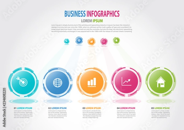 Obraz Infographics business template with 5 options for Presentation, Sale forecast, Web design, Improvement, Step by Step