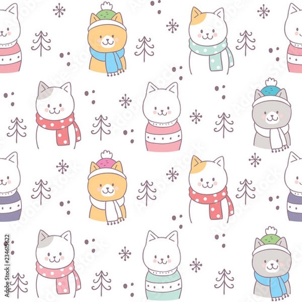 Fototapeta Cute seamless pattern winter cats vector.