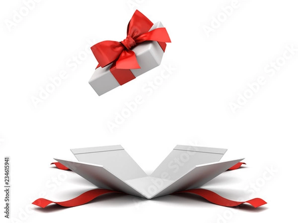 Obraz Otwórz pudełko lub obecne pudełko z kokardą czerwoną wstążką na białym tle na białym tle z cienia renderowania 3D