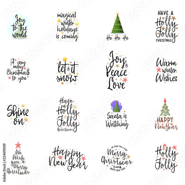 Fototapeta Slogans for the new year. Christmas posters for an interior or for t-shirts. Modern style calligraphy and lettering 3d stars.