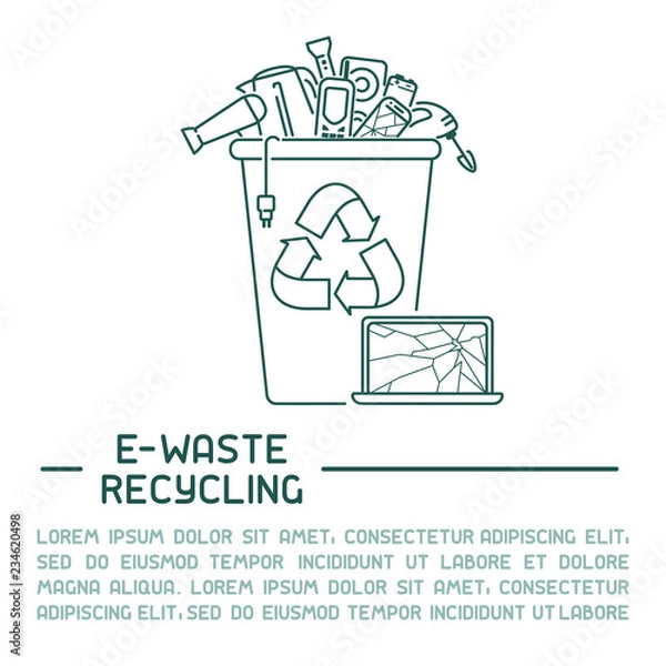Fototapeta E-waste ready poster concept with old appliances in a dustbin and inscription. Line style vector illustration. There is place for your text
