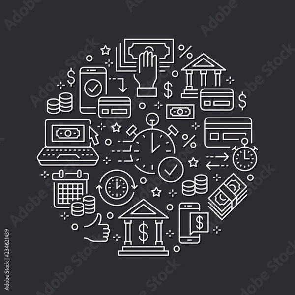 Fototapeta Finance, money loan circle template flat line icons. Quick credit approval, currency transaction, no commission cash deposit atm vector brochure illustration Thin signs banking poster dark background.