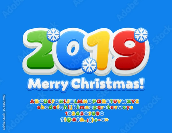 Fototapeta Vector colorful Children Greeting Card Merry Christmas 2019. Bright Font with Snoflakes. Kids Alphabet Letters, Numbers and Symbols.