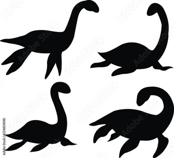 Fototapeta Loch nessie set silhouette on white backgroung vector illustration flat desing