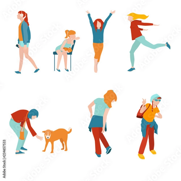 Obraz Girls kids and teens in various poses, flat style, vector illustration. Set of people in motion isolated on white background.