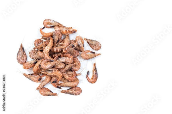Obraz Handful of Steamed grey small shrimps isolated white background top view