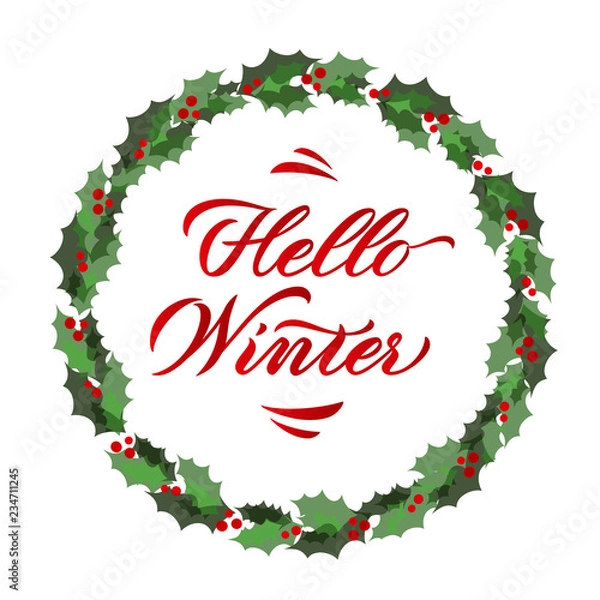 Obraz Hello Winter poster. Vector illustration of hand-lettered winter greetings. Hand-lettered winter message with background. Decorative banner with hand-lettered winter message. EPS 10
