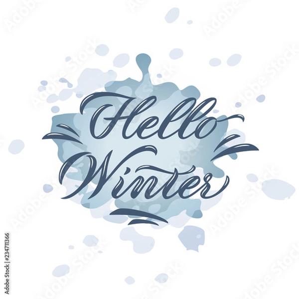 Obraz Hello Winter poster. Vector illustration of hand-lettered winter greetings. Hand-lettered winter message with background. Decorative banner with hand-lettered winter message. EPS 10