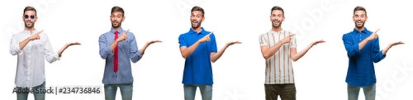 Fototapeta Collage of young business hispanic man over isolated background amazed and smiling to the camera while presenting with hand and pointing with finger.