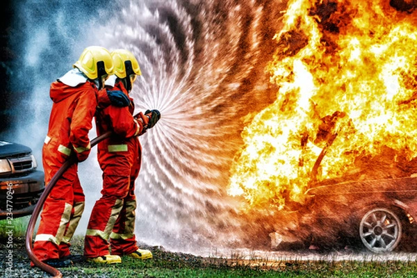 Fototapeta firefighter training., fireman using water and extinguisher to fighting with fire flame in accident car on the wayside road., under danger situation all firemen wearing fire fighter suit for safety.