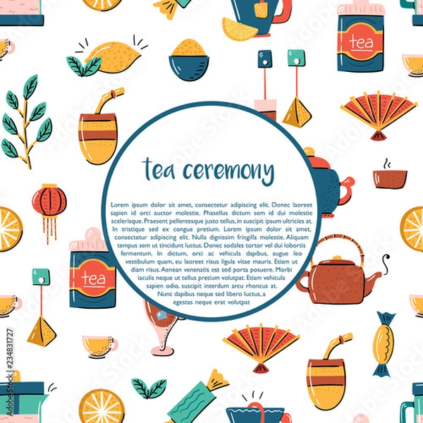 Fototapeta Vector cartoon tea ceremony background
