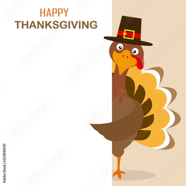 Fototapeta Thanksgiving day card. Turkey with hat and space for text