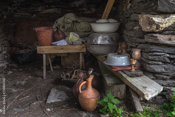Fototapeta Georgian traditional jugs pitchers pelvis pots bucket in a shed