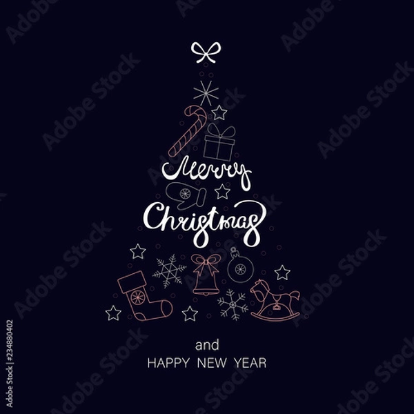 Fototapeta Merry Christmas and Happy New Year greeting card with abstract Christmas tree.