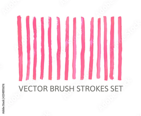 Fototapeta Vector brush strokes set. Vertical painted pink pastel stripes. Markers and watercolor design elements collection. Isolated. Irregular shapes and lines. EPS 10.