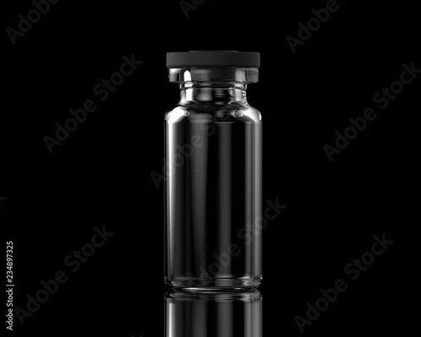 Fototapeta Isolated transparent empty glass vial with rubber cap on black background with reflections. 3D illustration