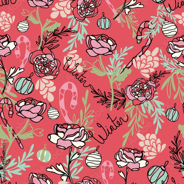 Obraz Vector Red Christmas Roses Seamless Pattern