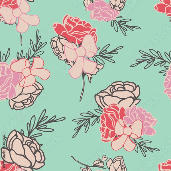 Obraz Vector Green Roses and Ribbons Seamless Pattern