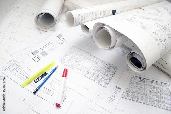 Obraz Building floor plan drawing with pens