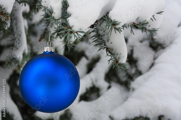 Fototapeta Blue Christmas tree ball on a snow-covered tree branch