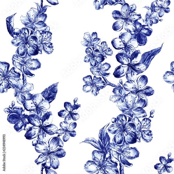 Fototapeta Hand drawn charcoal pencil illustration flowers of the blue pulm blossoms in vintage style. Beutiful elegant seamless pattern in graphic style on a white background
