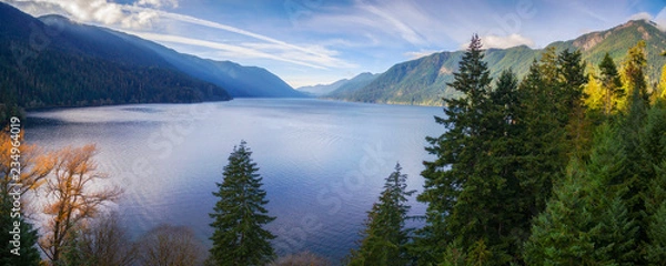 Fototapeta Aerial View of Lake Crescent in the Olympic Peninsula. Lake Crescent is a deep lake located entirely within Olympic National Park in Washington, United States. A drone was used for a unique view.