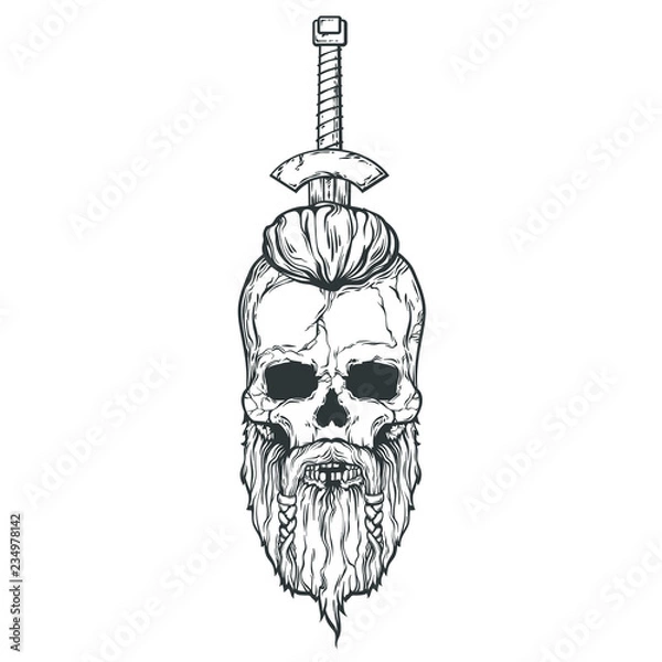 Obraz Viking skull with a sword in the head, vector illustration isolated on white background