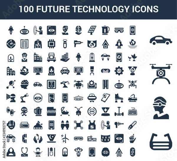 Fototapeta 100 Future Technology universal icons set with Ar glasses, Vr Drone, Car, Smartphone, Smart house, Artificial intelligence, Robot, Tree